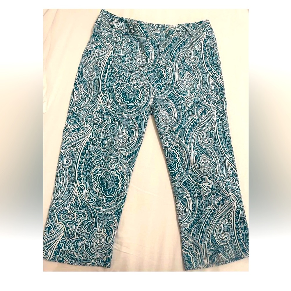 D.F.A. New York Turquoise & White Paisley Print Cropped Pants Women's Size 14